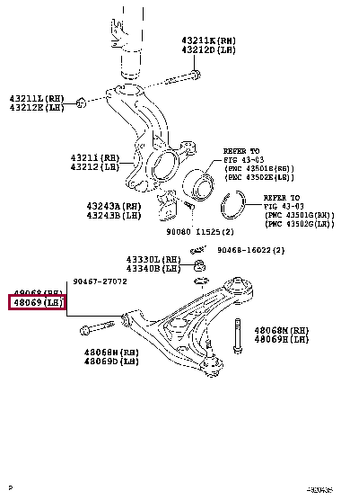 480690H010: ARM SUB-ASSY, FRONT SUSPENSION, LOWER NO.1 LH Тойота
