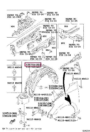 53875WB001: LINER, FRONT FENDER, RH Тойота