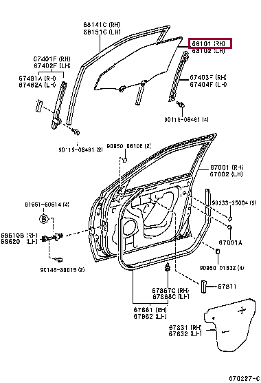 6810122360: GLASS SUB-ASSY, FRONT DOOR, RH Тойота