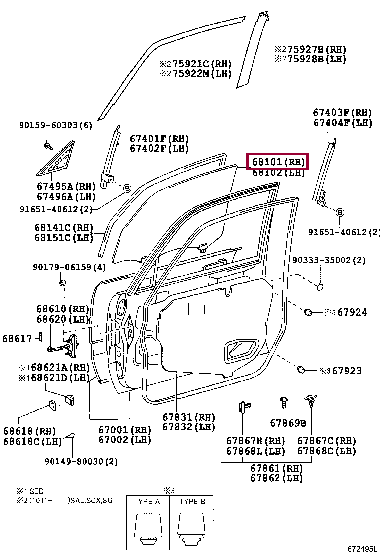 6810143060: GLASS SUB-ASSY, FRONT DOOR, RH Тойота