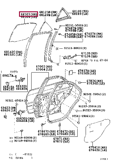 6811353090: GLASS SUB-ASSY, REAR DOOR, RH Тойота