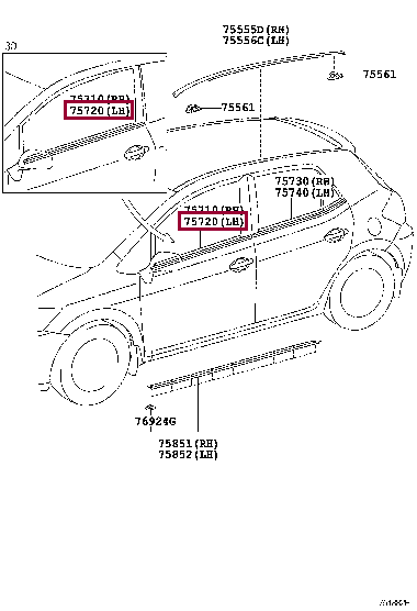 MOULDING ASSY, FRONT DOOR BELT, LH 75720-02130 (номер toyota 7572002130)