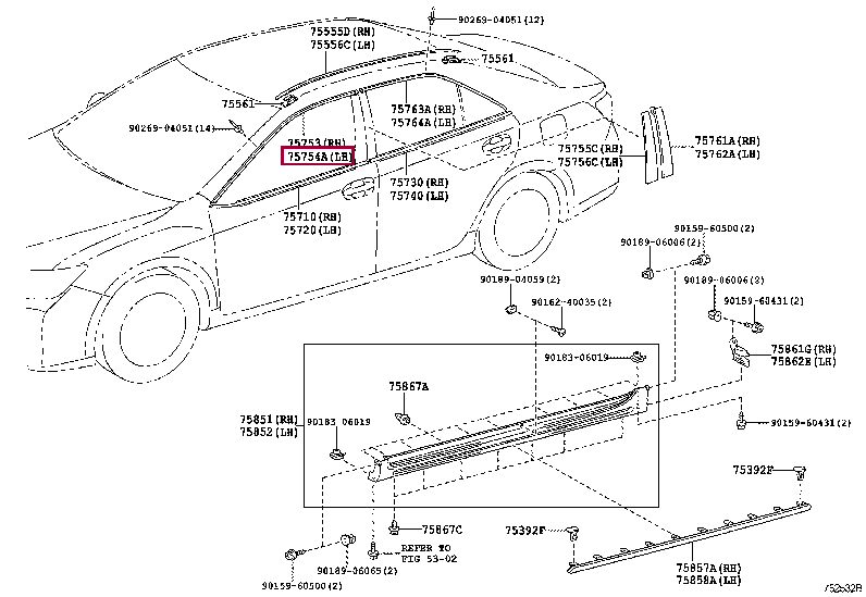 Молдинг передней левой двери верхний 75754-06080 (номер toyota 7575406080)