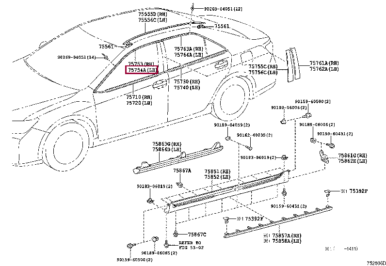 Молдинг передней левой двери верхний 75754-33080 (номер toyota 7575433080)