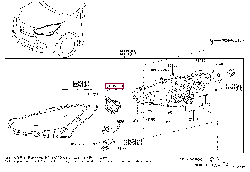 8113052N70: UNIT ASSY, HEADLAMP, RH Тойота
