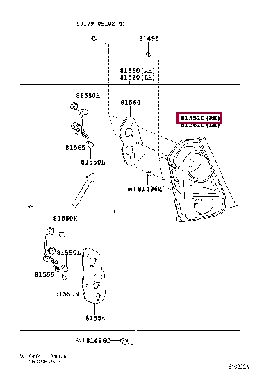 815510D350: LENS & BODY, REAR COMBINATION LAMP, RH Тойота