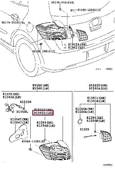 8156112C00: LENS & BODY, REAR COMBINATION LAMP, LH Тойота