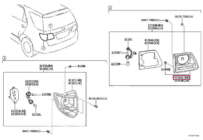 815810K150: LENS AND BODY, REAR LAMP, RH Тойота